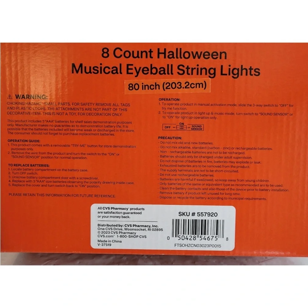 2x Spooky Village 8 Count Halloween Musical Sound Effects Eyeball String Lights